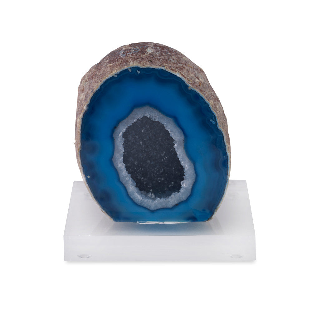 Campo Sculpture QR-18764.BLUECLR.0 by CuratedKravet CuratedKravet A blue agate geode mounted on a clear acrylic base. Due to the natural material, variation in size, shape, and color is to be expected. Brazil DUST LIGHTLY WITH A SOFT, DRY CLOTH. FRAGILE PRODUCT, HANDLE WITH CARE. </p><p>Dimensions: Length 3.25, Height 4.75, Width 3.5 Stone - 60%, Acrylic - 40% - Fabric Carolina -