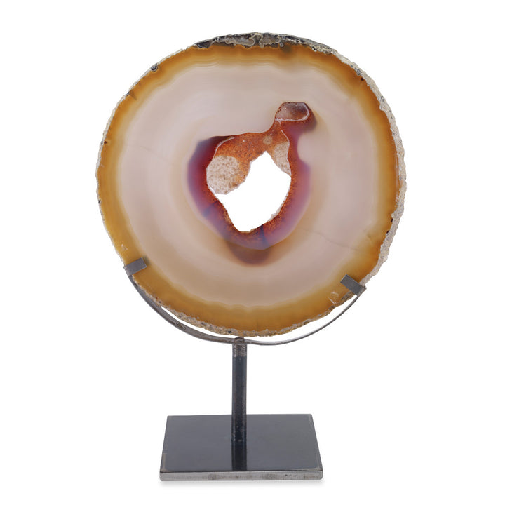 Canoas Sculpture QR-18766.NATURAL.0 by CuratedKravet CuratedKravet A thin natural agate slice mounted on a black iron stand. Due to the natural product, variation in size, shape and color is to be expected. Brazil </p><p>Dimensions: Length 3.25, Height 9.5, Width 5.5 Iron - 50%, Stone - 50% - Fabric Carolina -