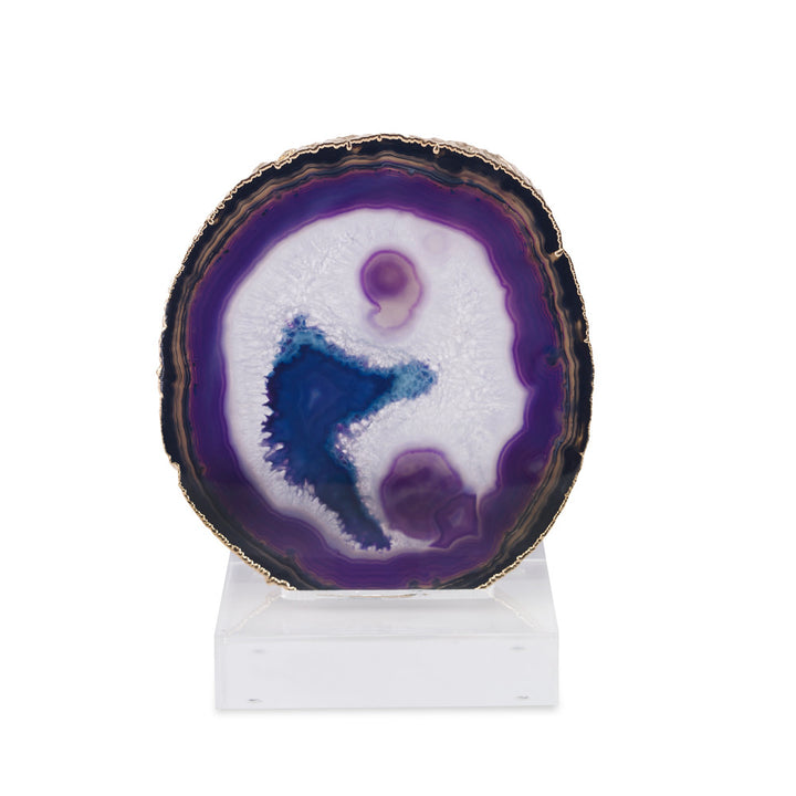 Jau Sculpture, Purple QR-18771.PURPGOLD.0 by CuratedKravet CuratedKravet A purple agate slice with gold plated edges mounted on a clear acrylic base. Due to the natural material, variation in size, shape, and color is to be expected. Brazil DUST LIGHTLY WITH A SOFT, DRY CLOTH. FRAGILE PRODUCT, HANDLE WITH CARE. </p><p>Dimensions: Length 4.75, Height 5.5, Width 3.25 Stone - 50%, Acrylic - 40%, Gold - 10% - Fabric Carolina -