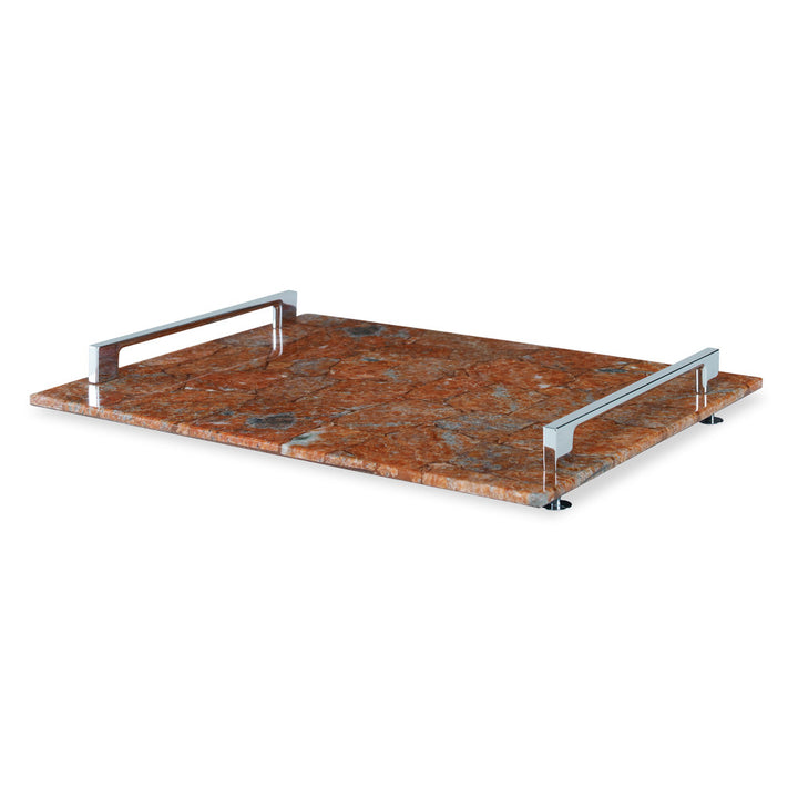 Rio Claro Tray, Large Red QR-18773.ORCHIDCAL.0 by CuratedKravet CuratedKravet A large decorative tray made of natural Orchid Calcite stone, accented with silver metal handles and feet. Due to the natural material, variation is to be expected in color and pattern. Brazil FRAGILE, HANDLE WITH CARE. DUST WITH A SOFT CLOTH. </p><p>Dimensions: Length 16.5, Height 2, Width 12.5 Stone - 85%, Poly Resin - 10%, Metal - 5% - Fabric Carolina -
