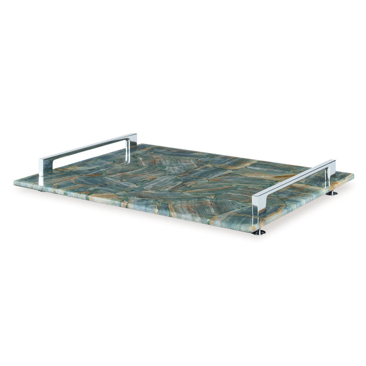 Rio Claro Tray, Large Teal QR-18773.TEAL.0 by CuratedKravet CuratedKravet A large decorative tray made of natural Blue Onyx stone, accented with silver metal handles and feet. Due to the natural material, variation is to be expected in color and pattern. Brazil FRAGILE, HANDLE WITH CARE. DUST WITH A SOFT CLOTH. </p><p>Dimensions: Length 16.5, Height 2, Width 12.5 Stone - 85%, Poly Resin - 10%, Metal - 5% - Fabric Carolina -