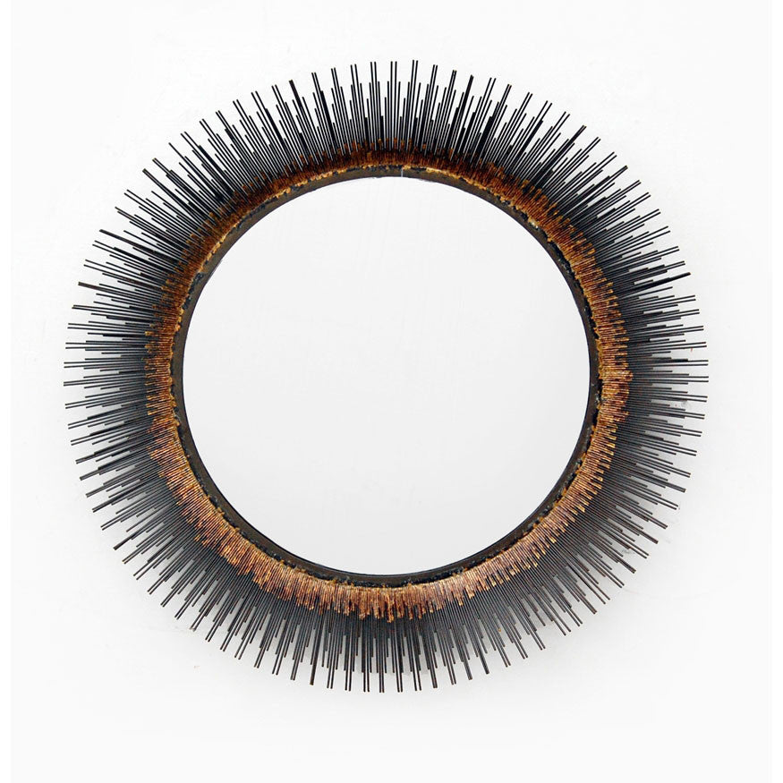 Naples Mirror QR-18790.NATURAL.0 by CuratedKravet CuratedKravet Round iron sunburst mirror with natural oxidized like finish around the mirrors edge. Iron spokes extend out adding intensity and texture. Finished in natural with clear powder coat. Keyhole hanging hardware. India Wipe with clean dry cloth. </p><p>Dimensions: Length 32.5, Height 32.5, Width 3 Iron - 80%, Glass - 10%, Mdf - 10% - Fabric Carolina -