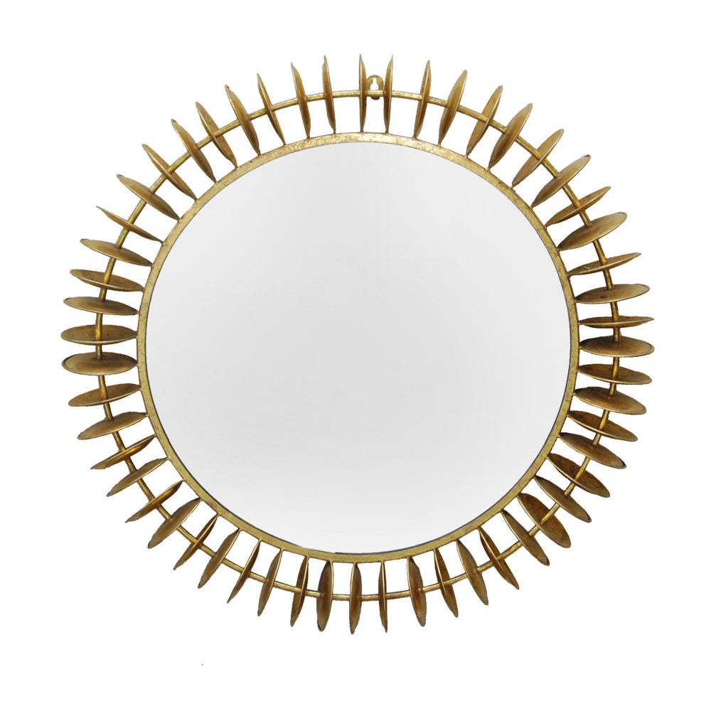 Greg Mirror QR-18792.GOLDLEAF.0 by CuratedKravet CuratedKravet A round, mid-century inspired mirror, featuring a surrounding ring of hammered iron discs. Gold powder coated and finished with hand applied gold leafing. Keyhole hanging hardware. India Wipe with clean dry cloth. </p><p>Dimensions: Length 32, Height 32, Width 4 Iron - 80%, Glass - 10%, Mdf - 10% - Fabric Carolina -
