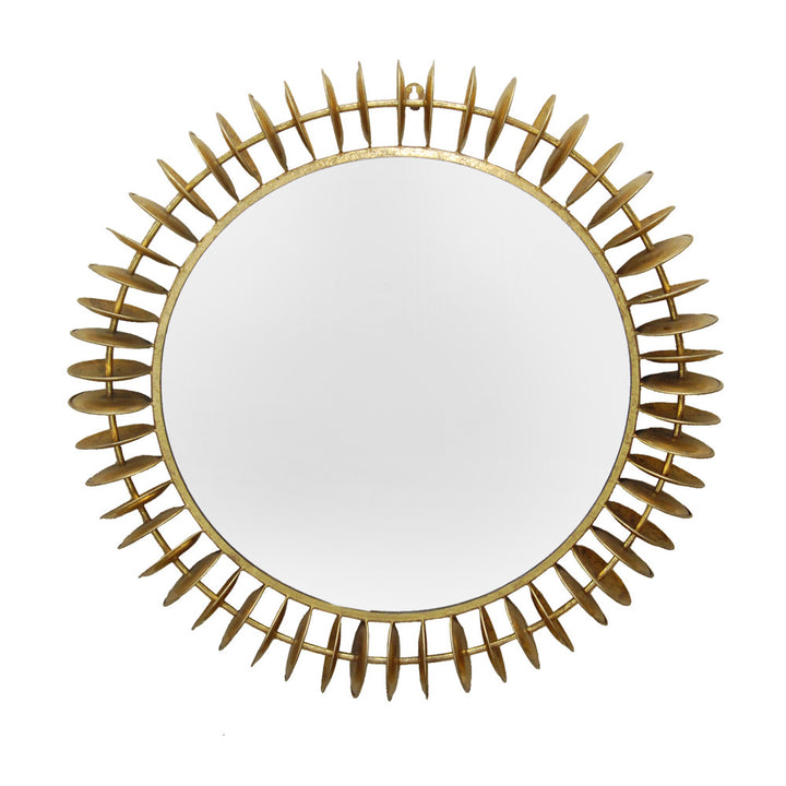 Greg Mirror QR-18792.GOLDLEAF.0 by CuratedKravet CuratedKravet A round, mid-century inspired mirror, featuring a surrounding ring of hammered iron discs. Gold powder coated and finished with hand applied gold leafing. Keyhole hanging hardware. India Wipe with clean dry cloth. </p><p>Dimensions: Length 32, Height 32, Width 4 Iron - 80%, Glass - 10%, Mdf - 10% - Fabric Carolina -