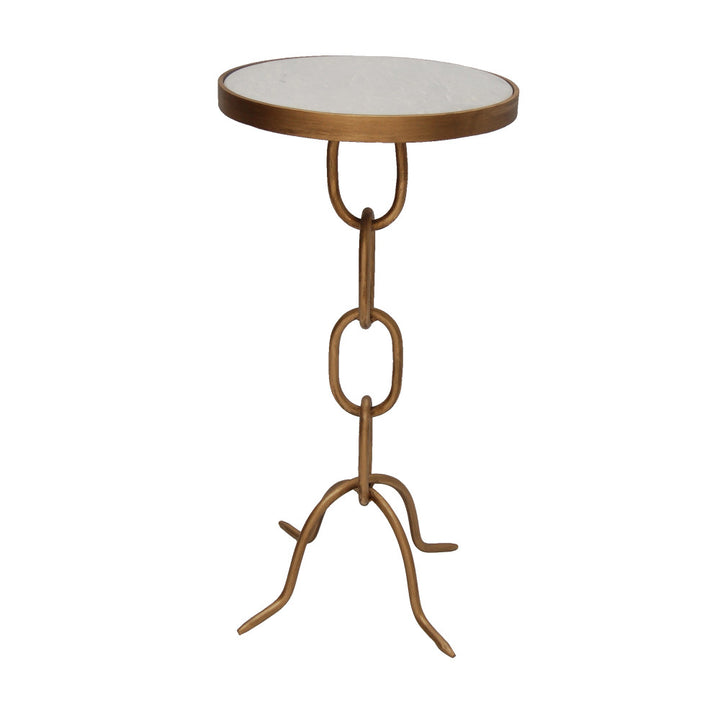 Mcgill Accent Table QR-18801.GOLD.0 by CuratedKravet CuratedKravet An iron and white marble side table featuring a chain link table base in a gold powder coated finish. India DUST WITH A SOFT, DRY CLOTH. </p><p>Dimensions: Length 14.5, Height 24.25, Width 13.5 - Fabric Carolina -