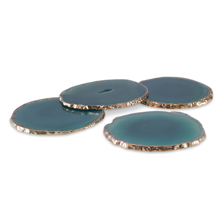 Andre Coasters, Green QR-18872.GREENGOLD.0 by CuratedKravet CuratedKravet A set of four green agate slice coasters, detailed with gold electroplated edges. Due to the natural material, size, shape and color will vary. Brazil DUST LIGHTLY. </p><p>Dimensions: Length 3.5, Height 1.25, Width 4.25 Stone - 90%, Gold - 10% - Fabric Carolina -