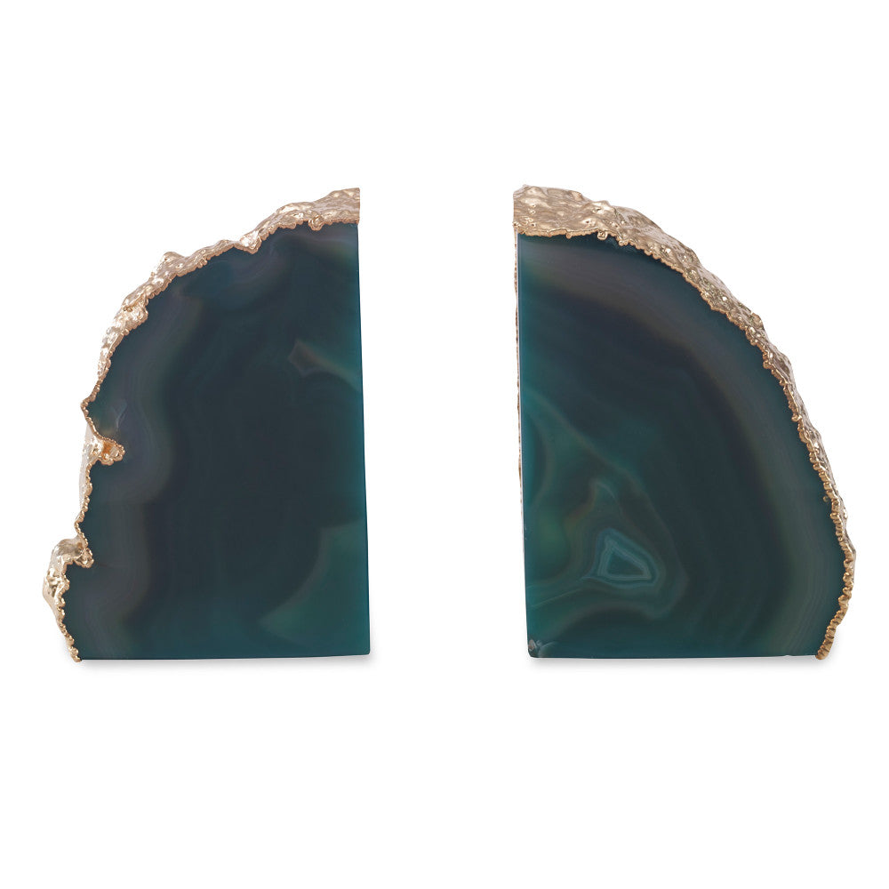 Franca Bookends, Green QR-18877.GREENGLD.0 by CuratedKravet CuratedKravet A pair of green agate bookends, detailed with gold electroplated edges. Due to the natural material, size, shape and color will vary. Measures: 4.75"-6.75"L x 1.5"-2.75"W x 6.75"H Brazil DUST LIGHTLY. </p><p>Dimensions: Length 2.5, Height 6.75, Width 5 Stone - 90%, Gold - 10% - Fabric Carolina -