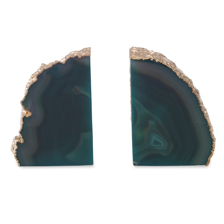 Franca Bookends, Green QR-18877.GREENGLD.0 by CuratedKravet CuratedKravet A pair of green agate bookends, detailed with gold electroplated edges. Due to the natural material, size, shape and color will vary. Measures: 4.75"-6.75"L x 1.5"-2.75"W x 6.75"H Brazil DUST LIGHTLY. </p><p>Dimensions: Length 2.5, Height 6.75, Width 5 Stone - 90%, Gold - 10% - Fabric Carolina -