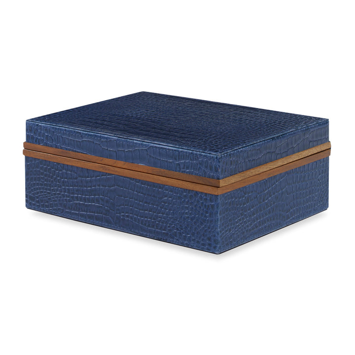 Hobart Box, Large QR-18885.NAVYCROC.0 by CuratedKravet CuratedKravet A handmade leather box with a crocodile skin texture. Finished with hand padded color for a two-toned look. Detailed with wood trim accents. India DUST LIGHTLY. </p><p>Dimensions: Length 9, Height 3.5, Width 7 Leather - 50%, Mdf - 50% - Fabric Carolina -