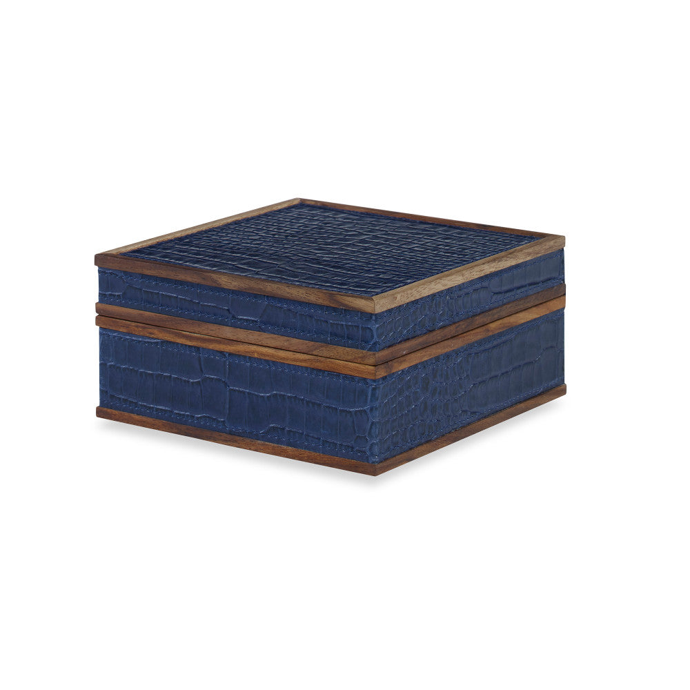 Hobart Box, Small QR-18887.NAVYCROC.0 by CuratedKravet CuratedKravet A handmade leather box with a crocodile skin texture. Finished with hand padded color for a two-toned look. Detailed with wood trim accents. India DUST LIGHTLY. </p><p>Dimensions: Length 6, Height 3, Width 6 Mdf - 50%, Leather - 40%, Wood - 10% - Fabric Carolina -