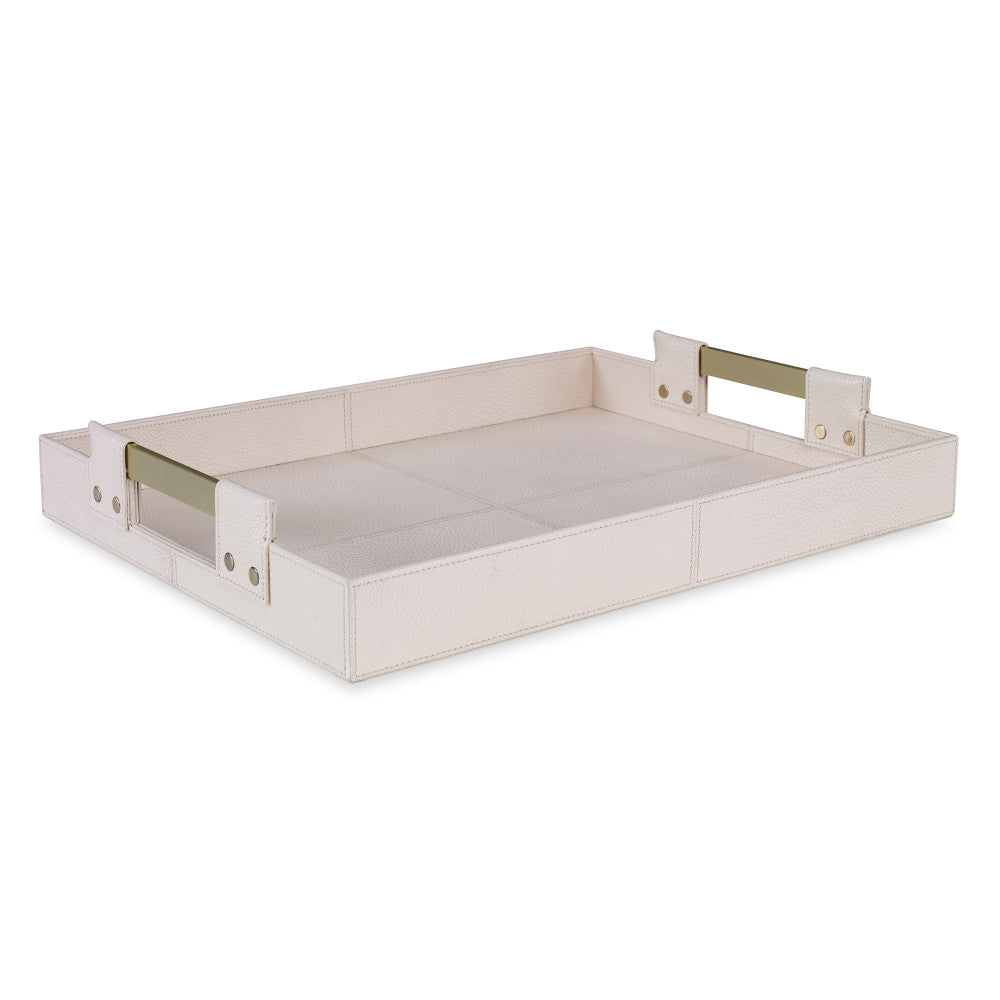 Scout Tray, Large QR-18892.CREAM.0 by CuratedKravet CuratedKravet A large faux shagreen tray detailed with brass handles. India DUST LIGHTLY. </p><p>Dimensions: Length 18, Height 3, Width 14 Leather - 80%, Mdf - 10%, Metal - 10% - Fabric Carolina -