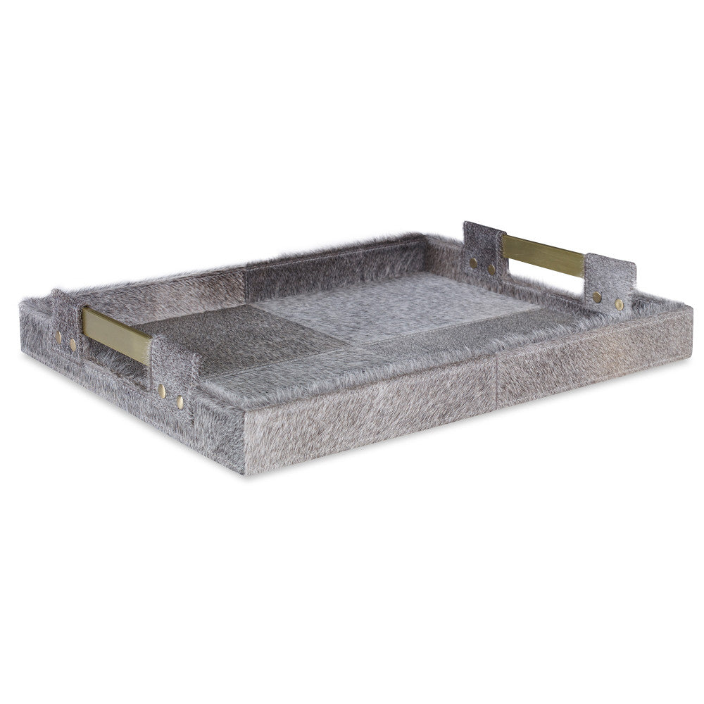 Scout Tray, Large QR-18894.NATGRAY.0 by CuratedKravet CuratedKravet A large hair on hide tray detailed with brass handles. India </p><p>Dimensions: Length 18, Height 3, Width 14 Cow Hide - 60%, Mdf - 30%, Metal - 10% - Fabric Carolina -