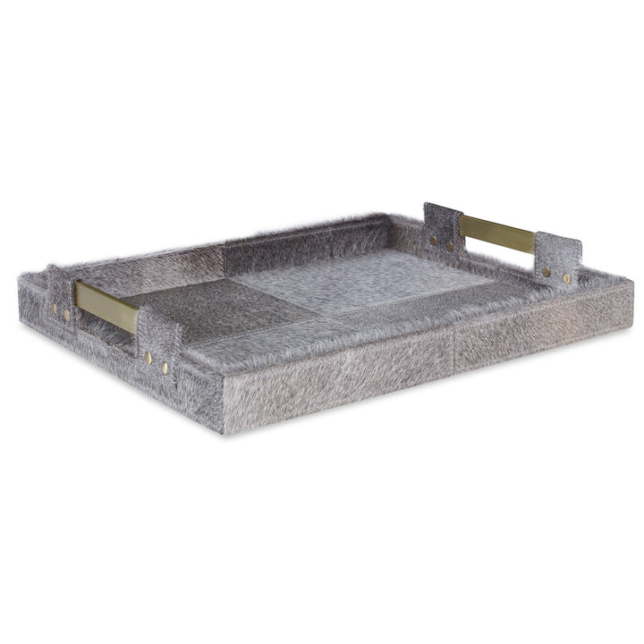 Scout Tray, Large QR-18894.NATGRAY.0 by CuratedKravet CuratedKravet A large hair on hide tray detailed with brass handles. India </p><p>Dimensions: Length 18, Height 3, Width 14 Cow Hide - 60%, Mdf - 30%, Metal - 10% - Fabric Carolina -