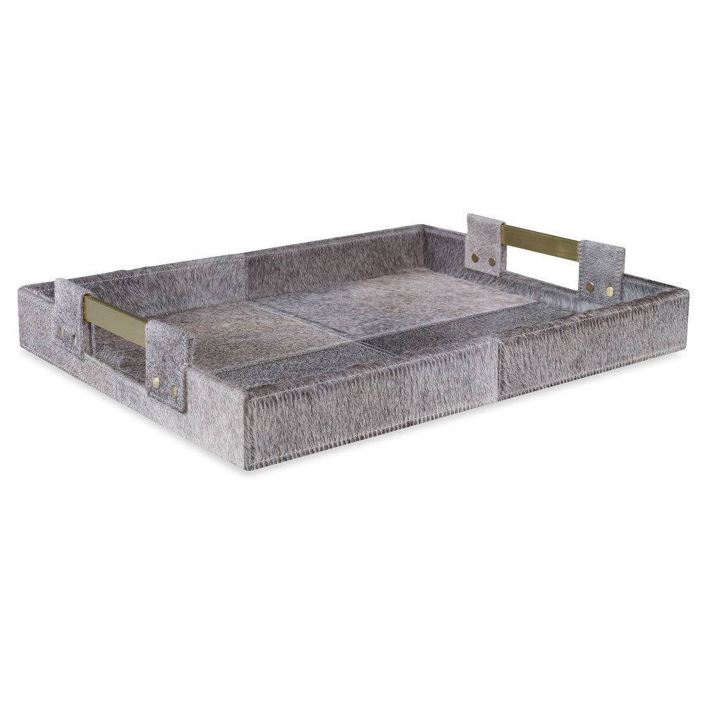 Scout Tray, Small QR-18895.NATGRAY.0 by CuratedKravet CuratedKravet A hair on hide tray detailed with brass handles India DUST LIGHTLY. </p><p>Dimensions: Length 16, Height 2.5, Width 13 Cow Hide - 80%, Mdf - 10%, Metal - 10% - Fabric Carolina -