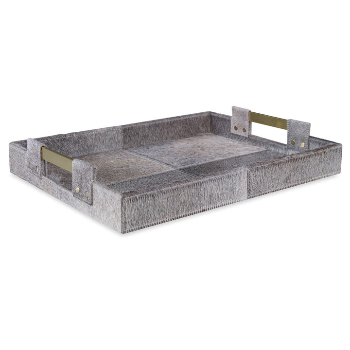 Scout Tray, Small QR-18895.NATGRAY.0 by CuratedKravet CuratedKravet A hair on hide tray detailed with brass handles India DUST LIGHTLY. </p><p>Dimensions: Length 16, Height 2.5, Width 13 Cow Hide - 80%, Mdf - 10%, Metal - 10% - Fabric Carolina -