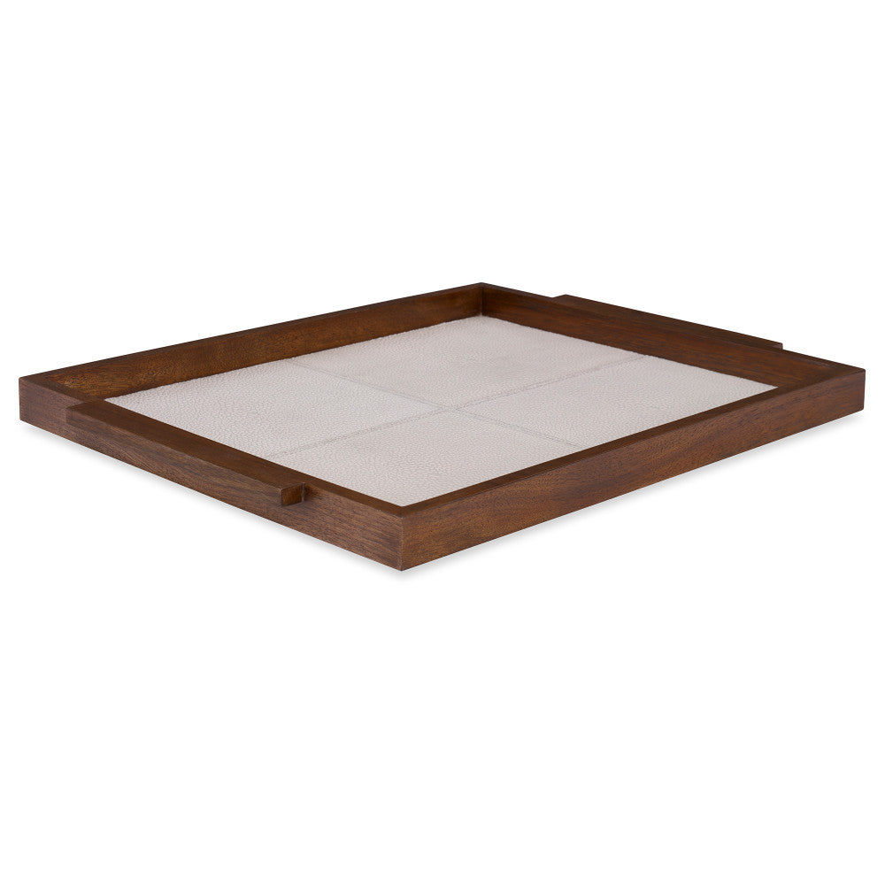 Marcelene Tray QR-18897.CREAM.0 by CuratedKravet CuratedKravet A faux shagreen tray detailed with warm wood edges and handles. India DUST LIGHTLY. </p><p>Dimensions: Length 17, Height 1.25, Width 14 Leather - 80%, Wood - 20% - Fabric Carolina -