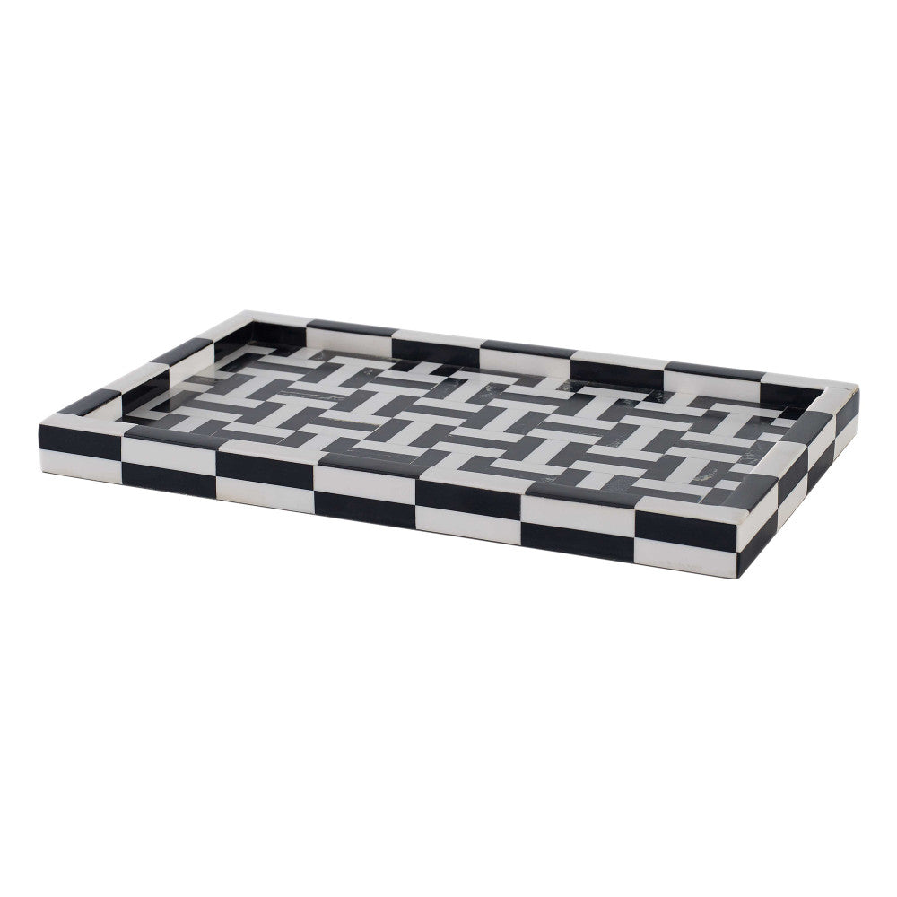 Billy Tray, Small QR-18909.NATWHITE.0 by CuratedKravet CuratedKravet A small black and white decorative resin tray featuring a playful geometric pattern. India DUST LIGHTLY WITH A DRY CLOTH. </p><p>Dimensions: Length 15, Height 1, Width 9 Mdf - 90%, Poly Resin - 10% - Fabric Carolina -