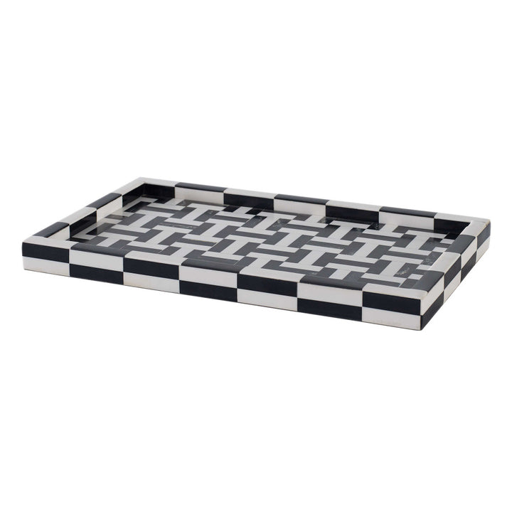 Billy Tray, Small QR-18909.NATWHITE.0 by CuratedKravet CuratedKravet A small black and white decorative resin tray featuring a playful geometric pattern. India DUST LIGHTLY WITH A DRY CLOTH. </p><p>Dimensions: Length 15, Height 1, Width 9 Mdf - 90%, Poly Resin - 10% - Fabric Carolina -