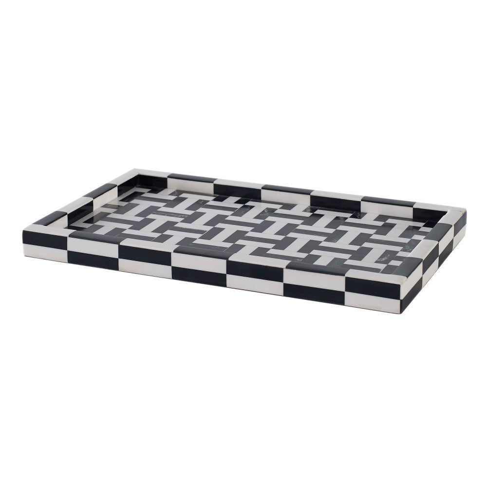 Billy Tray, Large QR-18910.NATWHITE.0 by CuratedKravet CuratedKravet A large black and white decorative resin tray featuring a playful geometric pattern. India DUST LIGHTLY WITH A DRY CLOTH. </p><p>Dimensions: Length 18, Height 1, Width 12 Mdf - 90%, Poly Resin - 10% - Fabric Carolina -