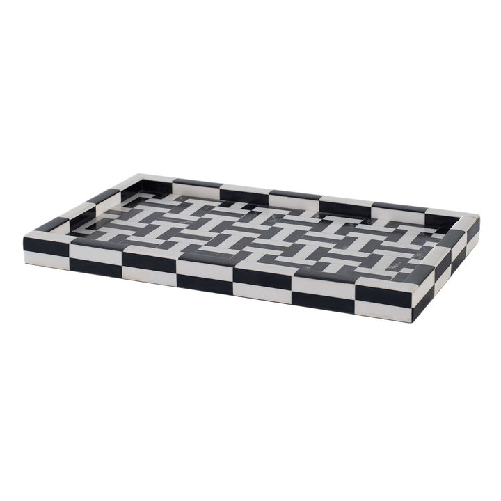 Billy Tray, Large QR-18910.NATWHITE.0 by CuratedKravet CuratedKravet A large black and white decorative resin tray featuring a playful geometric pattern. India DUST LIGHTLY WITH A DRY CLOTH. </p><p>Dimensions: Length 18, Height 1, Width 12 Mdf - 90%, Poly Resin - 10% - Fabric Carolina -