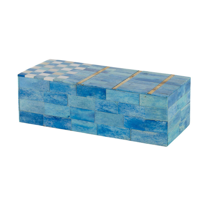 Barrymore Box QR-18921.MULTIBLUE.0 by CuratedKravet CuratedKravet A light blue lidded bone box detailed with a combination of inlaid patterns on the lid. India DUST LIGHTLY. </p><p>Dimensions: Length 10, Height 3, Width 4 Wood - 65%, Poly Resin - 20%, Bone - 15% - Fabric Carolina -