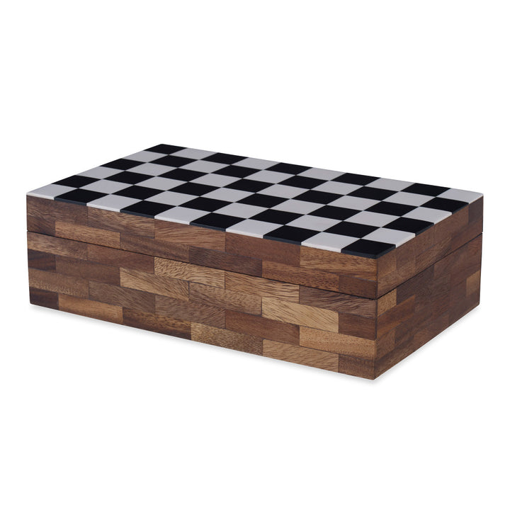 Checkmate Box QR-18922.BRWNWHT.0 by CuratedKravet CuratedKravet A black and white lidded decorative box featuring a checkerboard pattern. India DUST LIGHTLY. </p><p>Dimensions: Length 10, Height 3, Width 6 Wood - 65%, Poly Resin - 20%, Bone - 15% - Fabric Carolina -