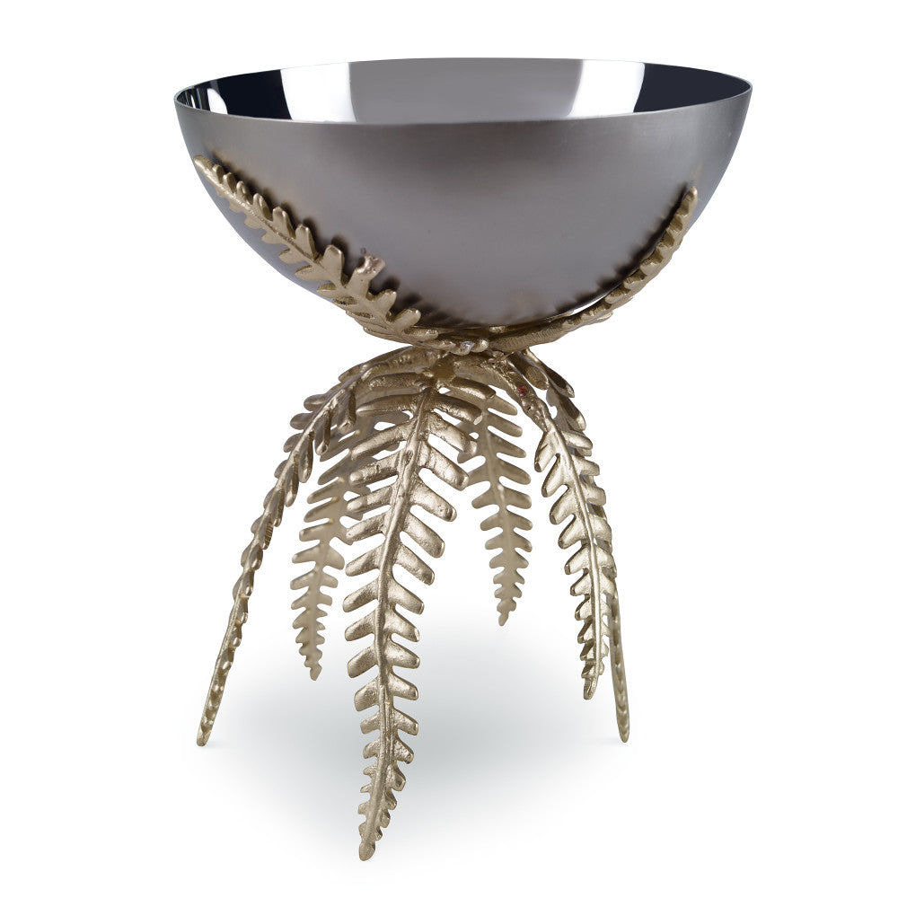 Wigmore Bowl QR-19032.SLVRGOLD.0 by CuratedKravet CuratedKravet A brass and stainless steel bowl detailed with a golden fern stand. The silver bowl features a shiny interior and a matte exterior. India DUST LIGHTLY. </p><p>Dimensions: Length 6, Height 7.5, Width 6 Brass - 50%, Stainless Steel - 50% - Fabric Carolina -