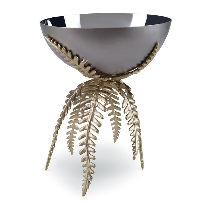 Wigmore Bowl QR-19032.SLVRGOLD.0 by CuratedKravet CuratedKravet A brass and stainless steel bowl detailed with a golden fern stand. The silver bowl features a shiny interior and a matte exterior. India DUST LIGHTLY. </p><p>Dimensions: Length 6, Height 7.5, Width 6 Brass - 50%, Stainless Steel - 50% - Fabric Carolina -