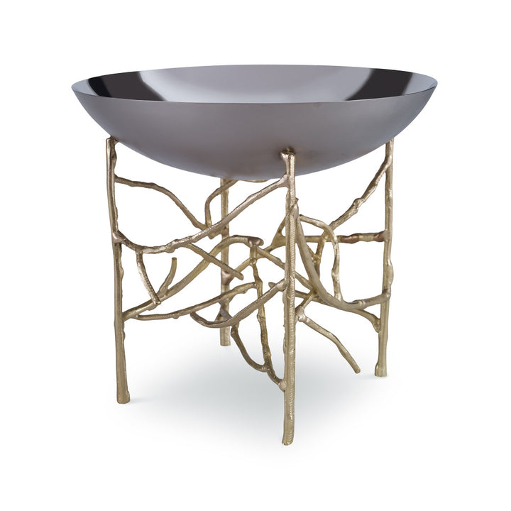 Rodwell Bowl QR-19033.SLVRGOLD.0 by CuratedKravet CuratedKravet A brass and stainless steel bowl detailed with a golden twig stand. The silver bowl features a shiny interior and a matte exterior. India DUST LIGHTLY. </p><p>Dimensions: Length 8, Height 8, Width 8 Brass - 50%, Stainless Steel - 50% - Fabric Carolina -
