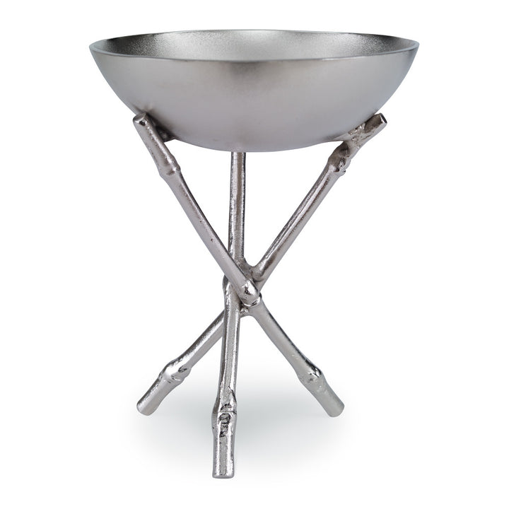 Track Bowl QR-19035.NICKEL.0 by CuratedKravet CuratedKravet An aluminum bowl detailed with a stand made of aluminum case bamboo reeds. The nickel bowl features a shiny interior and a matte exterior. India DUST LIGHTLY. </p><p>Dimensions: Length 6, Height 8, Width 6 Metal - 100% - Fabric Carolina -