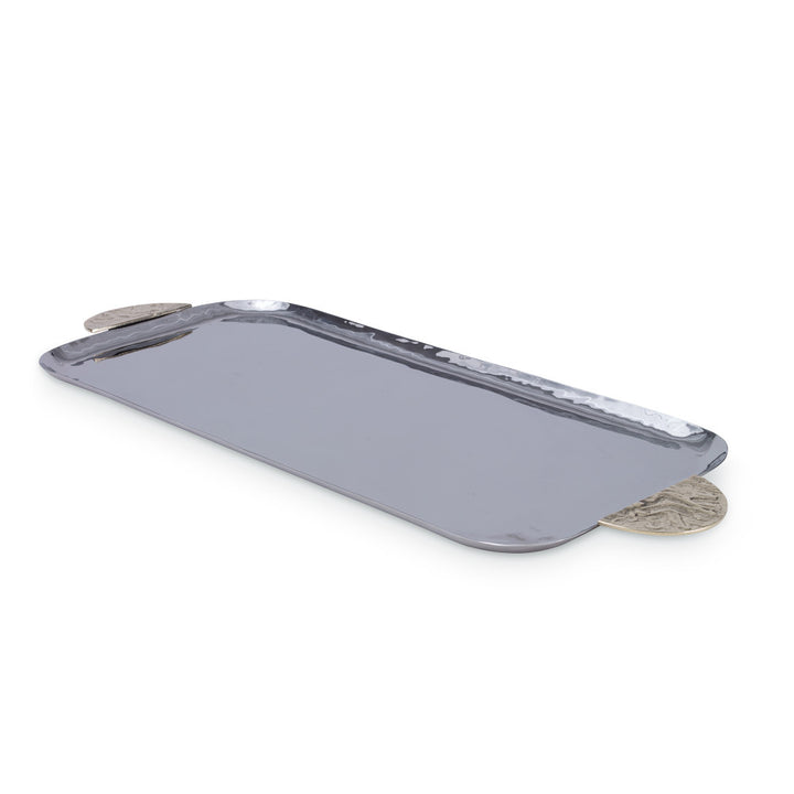 Witherell Tray QR-19042.SLVRGOLD.0 by CuratedKravet CuratedKravet A brass and stainless steel tray with handles, detailed with a combination of matte and shiny finishes. India DUST LIGHTLY. </p><p>Dimensions: Length 22, Height 0.5, Width 9 Stainless Steel - 90%, Brass - 10% - Fabric Carolina -