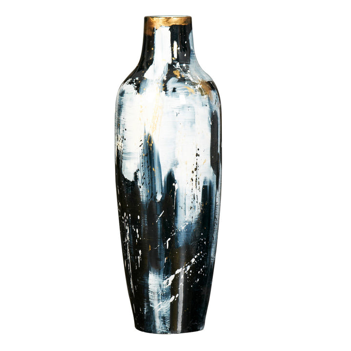 Stevens Vase QR-19073.BLKWHT.0 by CuratedKravet CuratedKravet A handpainted ceramic vase featuring an abstract design of white, gray, black, and gold. China DUST LIGHTLY. </p><p>Dimensions: Length 8, Height 24, Width 8 Ceramic - 100% - Fabric Carolina -