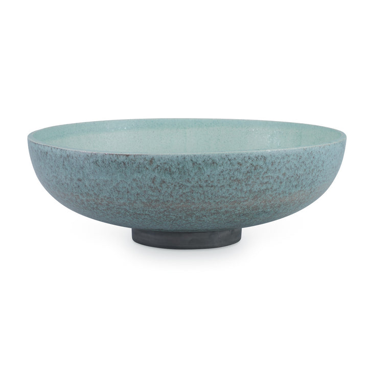Horta Bowl QR-19124.GRAYGRN.0 by CuratedKravet CuratedKravet An wide earthenware bowl featuring a reactive green glaze. Due to the nature of the glaze, each vase is to be considered unique. Portugal DUST LIGHTLY. </p><p>Dimensions: Length 14, Height 4.75, Width 14 Ceramic - 100% - Fabric Carolina -