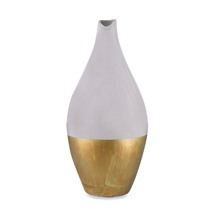 Wigmore Vase QR-19159.GRAYGLDLF.0 by CuratedKravet CuratedKravet A ceramic vase featuring a finely crafted, balanced shape, glazed with a neutral gray crackled appearance on the upper portion followed by opulent gold leaf on the lower. Each piece is one of a kind. Made in the USA. This item is decorative and not meant to hold water or food. United States DUST LIGHTLY WITH A SOFT OR SLIGHTLY DAMP LINT-FREE CLOTH. </p><p>Dimensions: Length 8, Height 17, Width 8 Ceramic - 100% - Fabric Carolina -