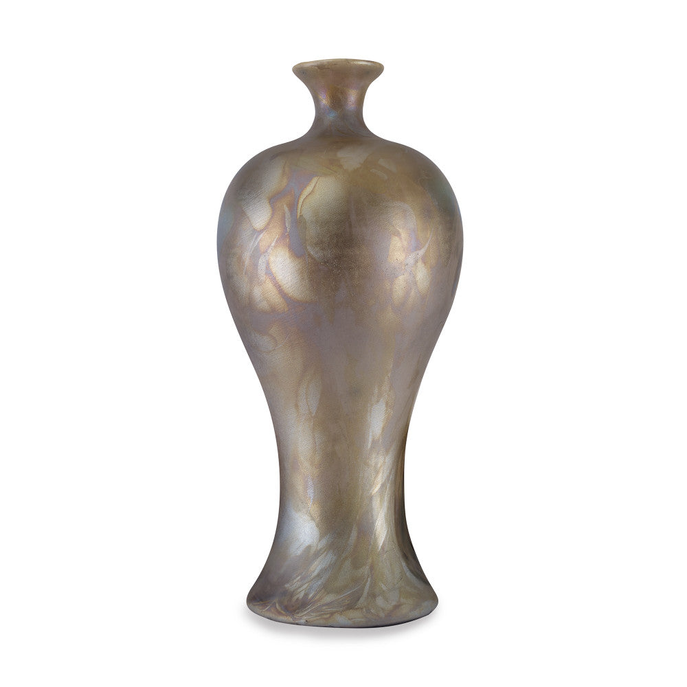 Quarry Vase QR-19166.GOLDEN.0 by CuratedKravet CuratedKravet A ceramic shapely urn featuring a unique Raku firing process that leaves this vessel with a matte gold and copper hued flame-like appearance. Each piece is one of a kind. This item is decorative and not meant to hold water or food. United States DUST LIGHTLY WITH A DRY OR SLIGHTLY DAMP LINT-FREE CLOTH. </p><p>Dimensions: Length 10, Height 22, Width 10 Ceramic - 100% - Fabric Carolina -