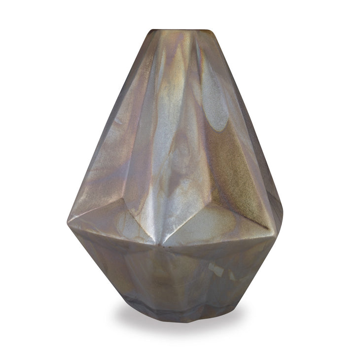 Berge Vase QR-19176.GOLDEN.0 by CuratedKravet CuratedKravet Inspired by multi-faceted, precious cut jewels, this contemporary and chic vase is given a unique Raku firing process that leaves this vessel with a matte gold and copper hued flame-like appearance. Each piece is one of a kind. This item is decorative and not meant to hold water or food. United States DUST LIGHTLY WITH A DRY OR SLIGHTLY DAMP LINT-FREE CLOTH. </p><p>Dimensions: Length 10, Height 13, Width 10 Ceramic - 100% - Fabric Carolina -
