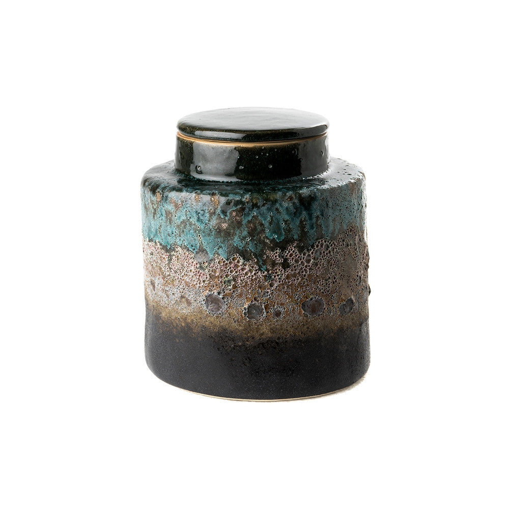 Mack Jar QR-19206.MULTIBLU.0 by CuratedKravet CuratedKravet A stoneware lidded jar featuring a unique blue volcanic finish. Due to the handmade nature of this piece, variation is to be expected. China DUST LIGHTLY. </p><p>Dimensions: Length 5.75, Height 6.25, Width 5.75 Ceramic - 100% - Fabric Carolina -