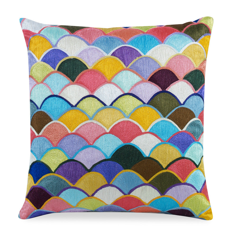 Clovis Pillow QR-19248.MULTI.0 by CuratedKravet CuratedKravet Measures 20"H x 20"L. A hand embroidered decorative accent pillow featuring a bright and colorful fan pattern. Backed with an off white cotton fabric. Finished with a knife edge. Includes a feather insert. India DRY CLEAN ONLY. </p><p>Dimensions: Length 20, Height 20, Width Cotton - 100% - Fabric Carolina -