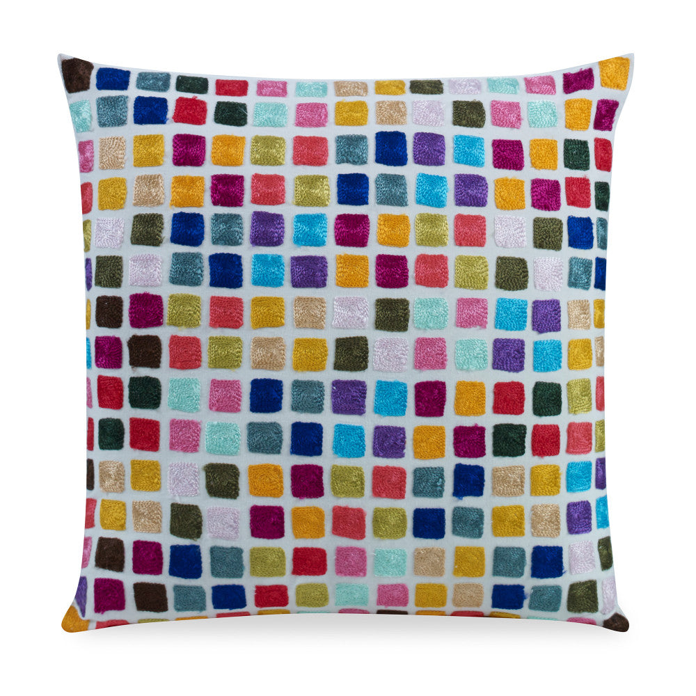 Luna Pillow QR-19249.MULTI.0 by CuratedKravet CuratedKravet Measures 18"H x 18"L. A hand embroidered decorative accent pillow featuring a bright and colorful pattern of various colored boxes. Finished with a knife edge. Includes a feather insert. India DRY CLEAN ONLY. </p><p>Dimensions: Length 18, Height 18, Width Cotton - 100% - Fabric Carolina -