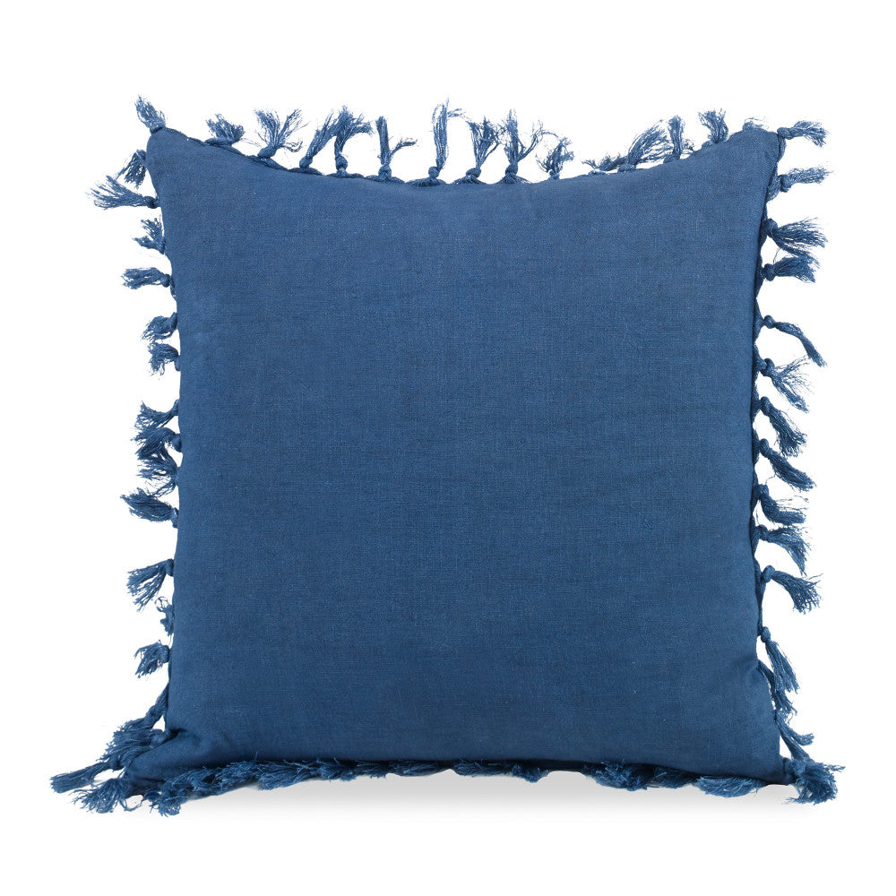Zoysia Pillow QR-19255.NAVY.0 by CuratedKravet CuratedKravet Measures 20"H x 20"L. A decorative accent pillow made of stonewashed linen with self fringe and knots. Includes a feather insert. India DRY CLEAN ONLY. </p><p>Dimensions: Length 20, Height 20, Width Linen - 100% - Fabric Carolina -