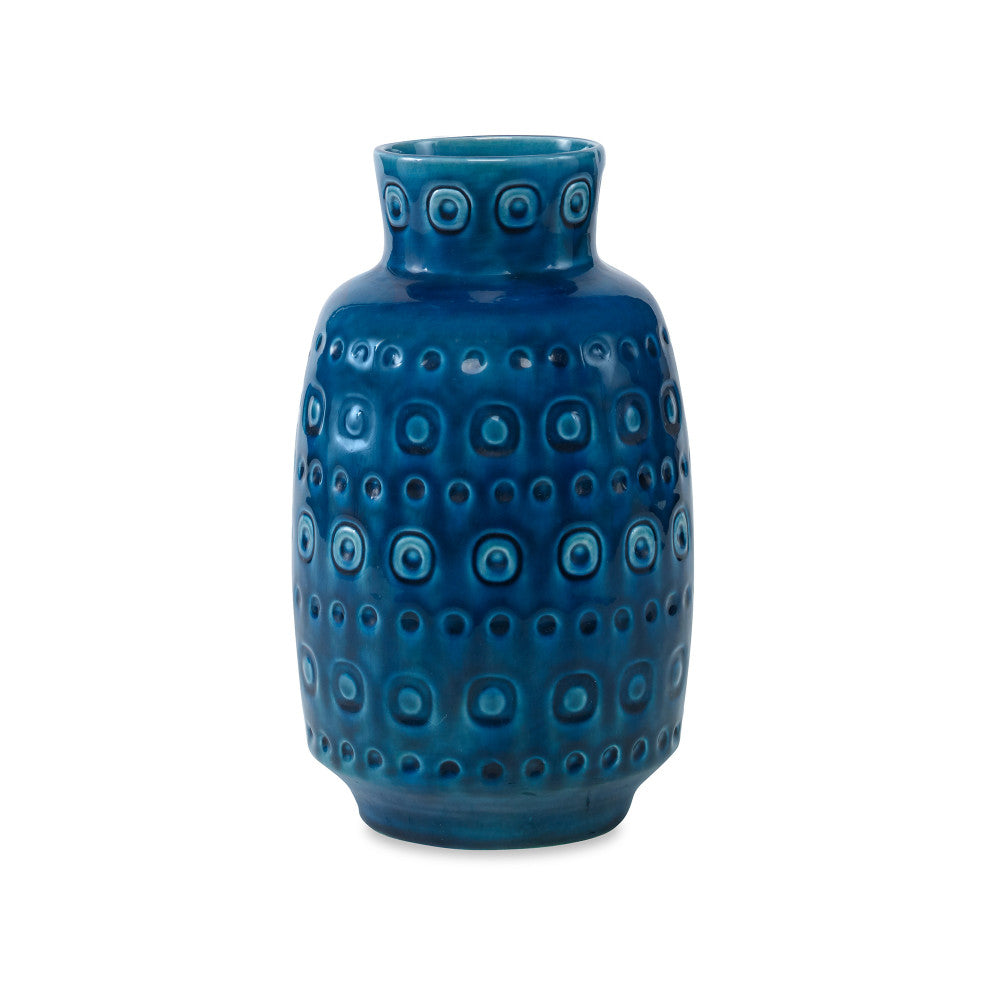 Nita Vase QR-19342.DRKBLUE.0 by CuratedKravet CuratedKravet A decorative earthenware vase with a reactive blue crackled glaze. Each vase is handmade and unique. This vase is not watertight. Portugal DUST LIGHTLY. </p><p>Dimensions: Length 5, Height 9.25, Width 5 Ceramic - 100% - Fabric Carolina -