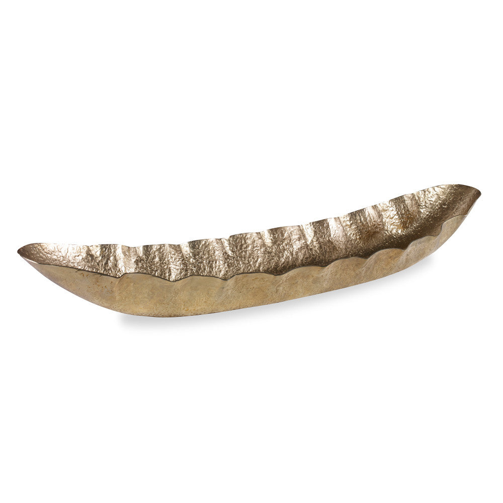 Stepford Tray QR-19437.BRASS.0 by CuratedKravet CuratedKravet An oversized brass colored aluminum tray featuring a leaf-like shape. India DUST LIGHTLY. </p><p>Dimensions: Length 30.75, Height 2.25, Width 8.25 Aluminum Oxide - 100% - Fabric Carolina -