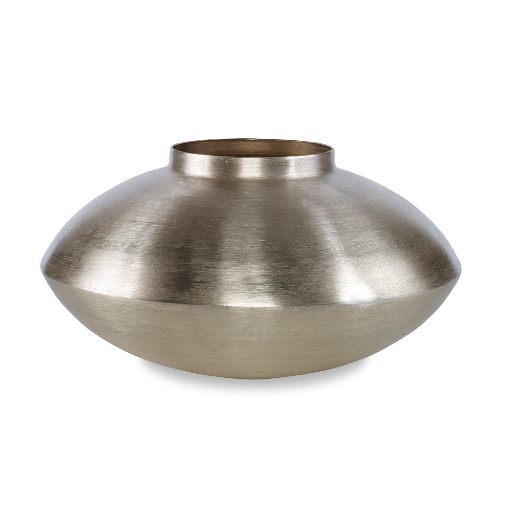 Kir Vase, Large QR-19442.BRASS.0 by CuratedKravet CuratedKravet A large brass colored aluminum vase detailed with a unique smooth texture achieved by grinding the metal. India DUST LIGHTLY. </p><p>Dimensions: Length 14.25, Height 7.75, Width 14.25 Aluminum Oxide - 100% - Fabric Carolina -