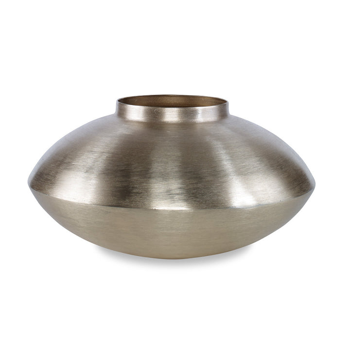 Kir Vase, Large QR-19442.BRASS.0 by CuratedKravet CuratedKravet A large brass colored aluminum vase detailed with a unique smooth texture achieved by grinding the metal. India DUST LIGHTLY. </p><p>Dimensions: Length 14.25, Height 7.75, Width 14.25 Aluminum Oxide - 100% - Fabric Carolina -