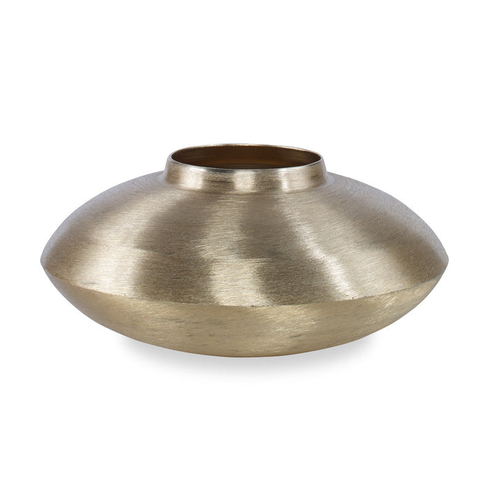 Kir Vase, Small QR-19443.BRASS.0 by CuratedKravet CuratedKravet A small brass colored aluminum vase detailed with a unique smooth texture achieved by grinding the metal. India DUST LIGHTLY. </p><p>Dimensions: Length 11, Height 5.5, Width 11 Aluminum Oxide - 100% - Fabric Carolina -