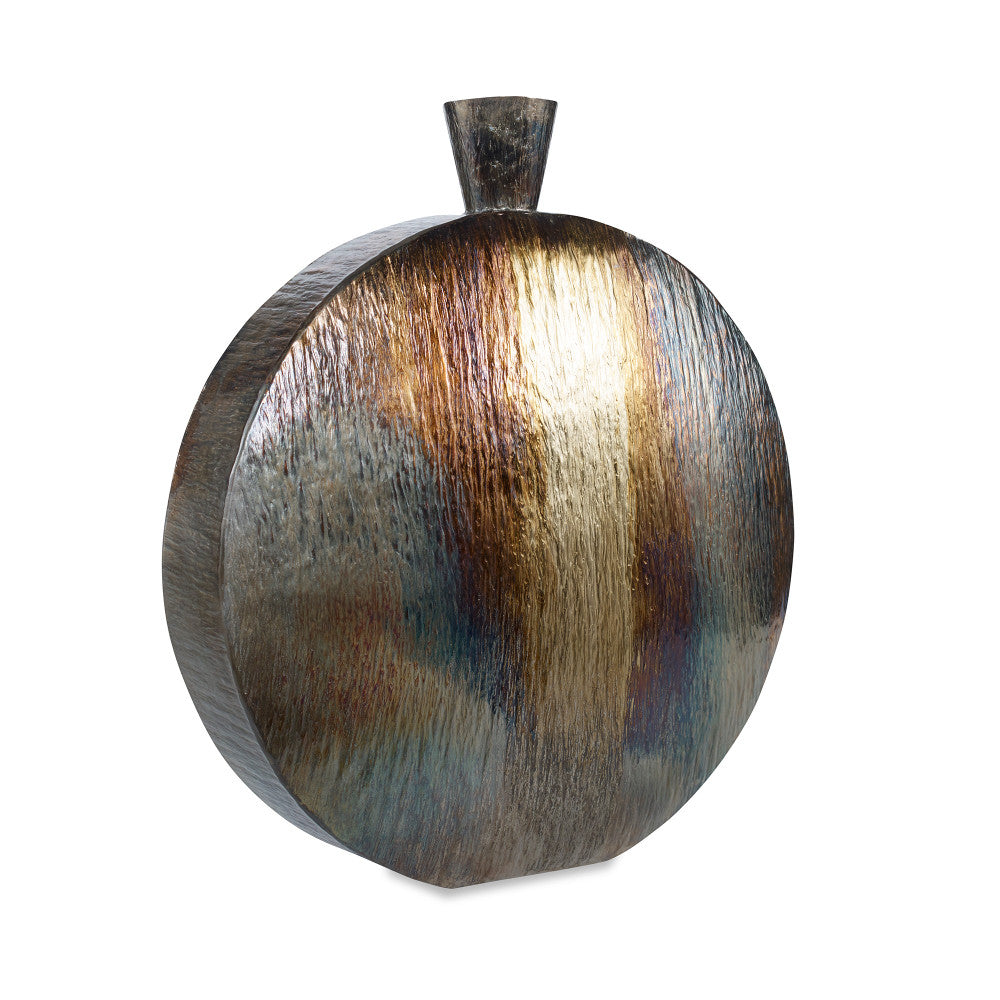 Oswell Vase, Large QR-19445.BRNTBRASS.0 by CuratedKravet CuratedKravet A large burnt brass colored aluminum vase detailed with a striated and grooved texture. India </p><p>Dimensions: Length 19.25, Height 22.5, Width 3.25 Aluminum Oxide - 100% - Fabric Carolina -
