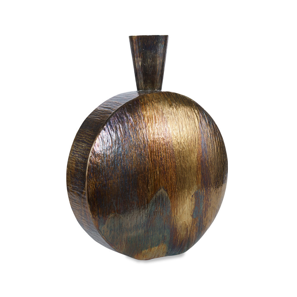 Oswell Vase, Medium QR-19446.BRNTBRASS.0 by CuratedKravet CuratedKravet A large burnt brass colored aluminum vase detailed with a striated and grooved texture. India DUST LIGHTLY. </p><p>Dimensions: Length 15.25, Height 20, Width 3.25 Aluminum Oxide - 100% - Fabric Carolina -