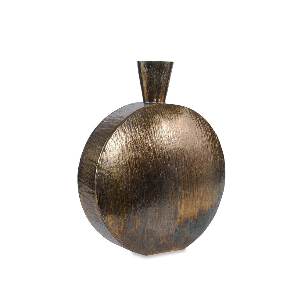 Oswell Vase, Small QR-19447.BRNTBRASS.0 by CuratedKravet CuratedKravet A large burnt brass colored aluminum vase detailed with a striated and grooved texture. India DUST LIGHTLY. </p><p>Dimensions: Length 13.75, Height 17.75, Width 3.25 Aluminum Oxide - 100% - Fabric Carolina -