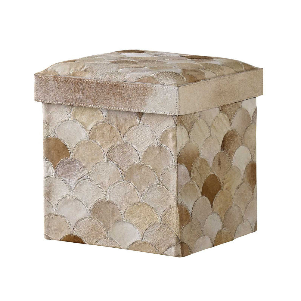 Recherche Storage Stool, Scalloped QR-19855.MULTBEIGE.0 by CuratedKravet CuratedKravet A lidded cow hide storage stool. The stool collapses flat and fits within its lid. India </p><p>Dimensions: Length 16, Height 16, Width 16 - Fabric Carolina -