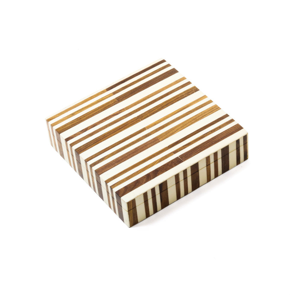 Clara Box QR-20170.BRWNCRM.0 by CuratedKravet CuratedKravet A square brown and cream decorative resin box featuring a striped pattern of varying thicknesses. India DUST LIGHTLY WITH A SOFT, DRY CLOTH. </p><p>Dimensions: Length 8, Height 2, Width 8 Mdf - 50%, Poly Resin - 50% - Fabric Carolina -